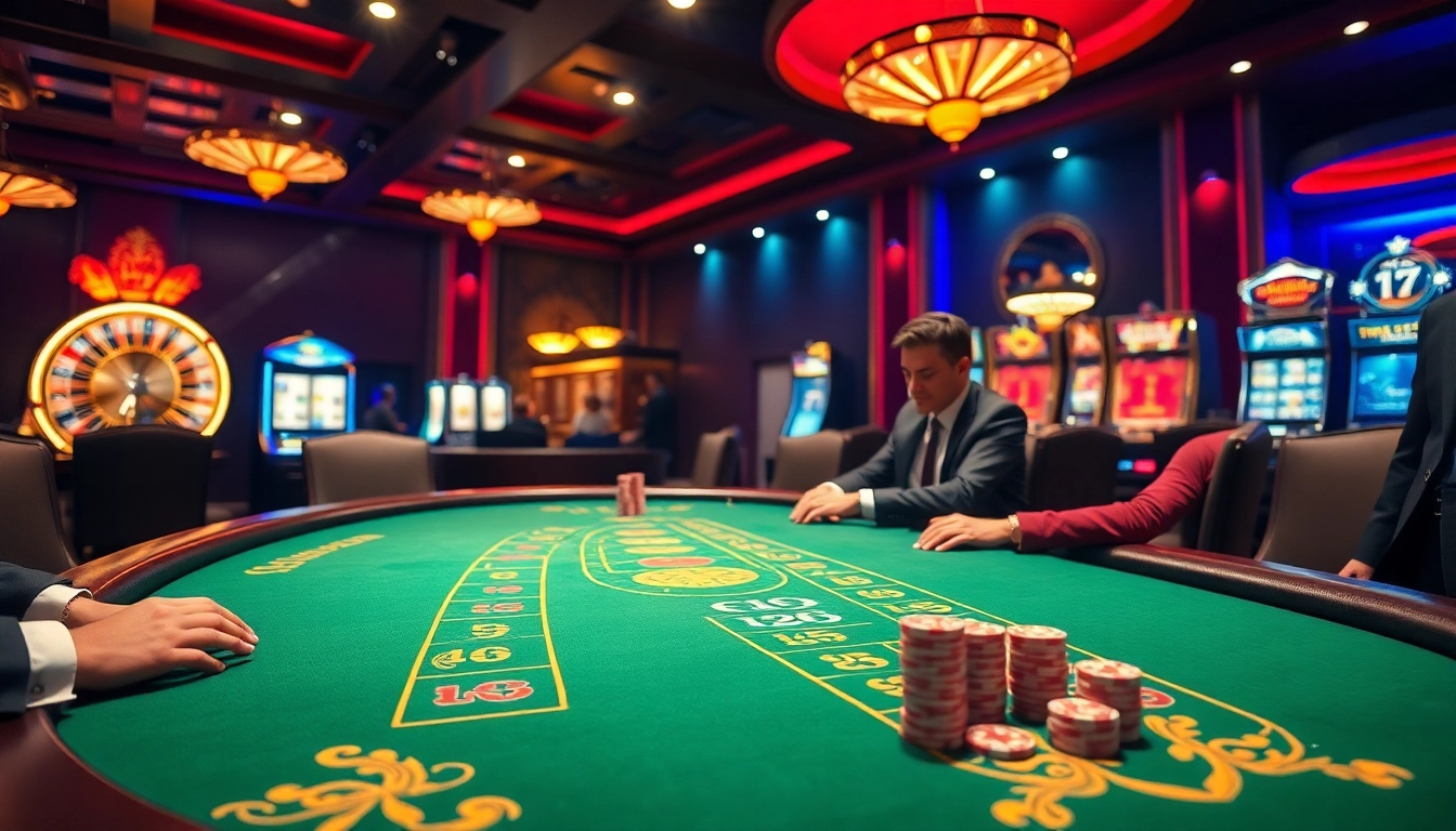 Experience the excitement of 'nhà cái uy tín' as players engage in professional poker at a vibrant casino.