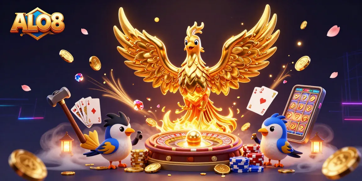 ALO8 engages users with a dazzling 3D illustration of a golden phoenix amidst a flurry of casino elements.
