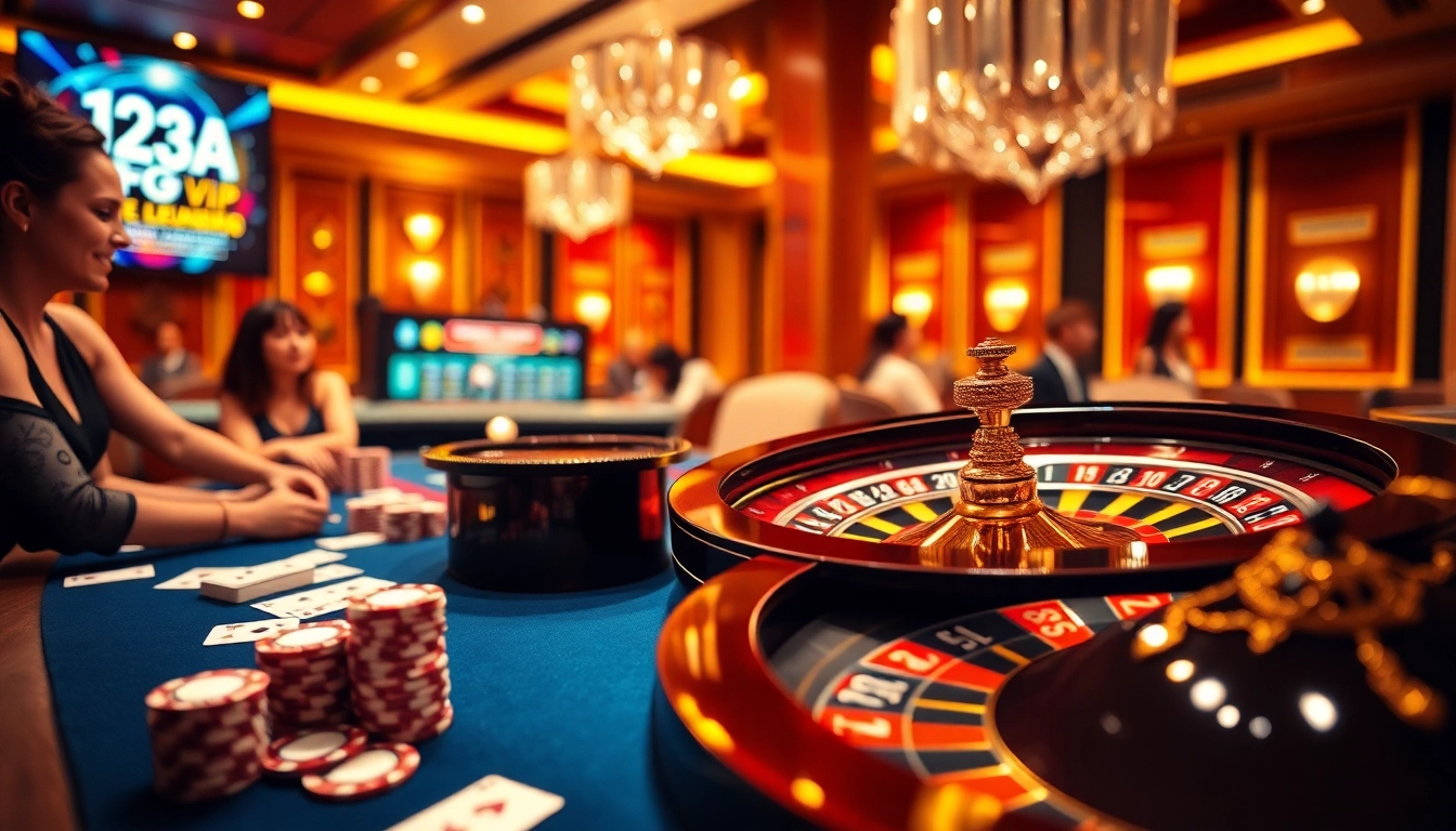 Engage with the vibrant 123GA VIP gaming experience featuring high-stakes poker tables and roulette.