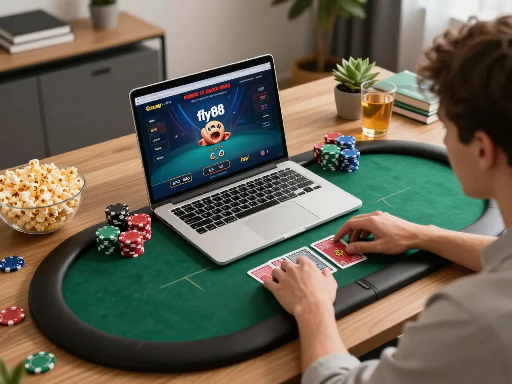 Engaging online poker gameplay on fly88 with cards and chips visible in a cozy home office setup.