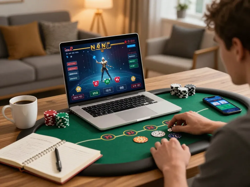 Player strategizing using tip88 online poker app on laptop in cozy home office.