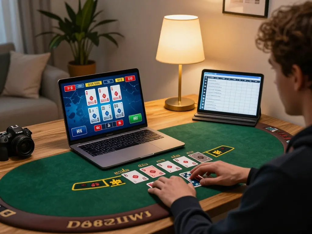 Player engaging with dt68 online blackjack game on laptop, surrounded by responsible gaming tools and a cozy setup