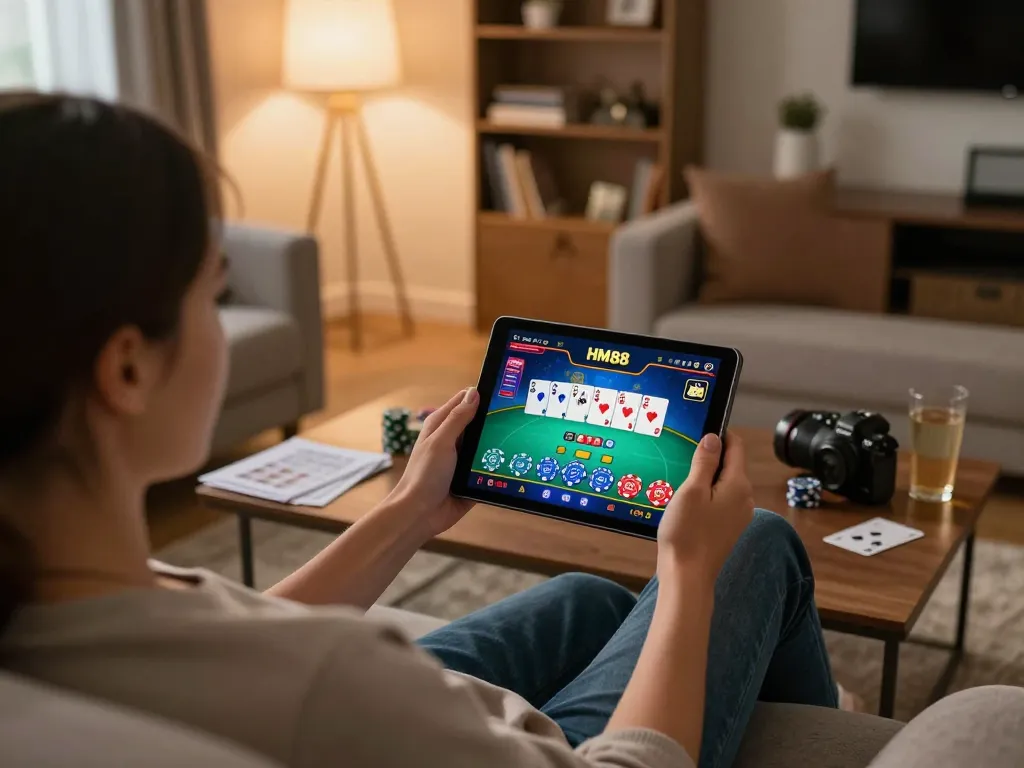 Player engaging with HM88 poker app on tablet in comfortable home setting.