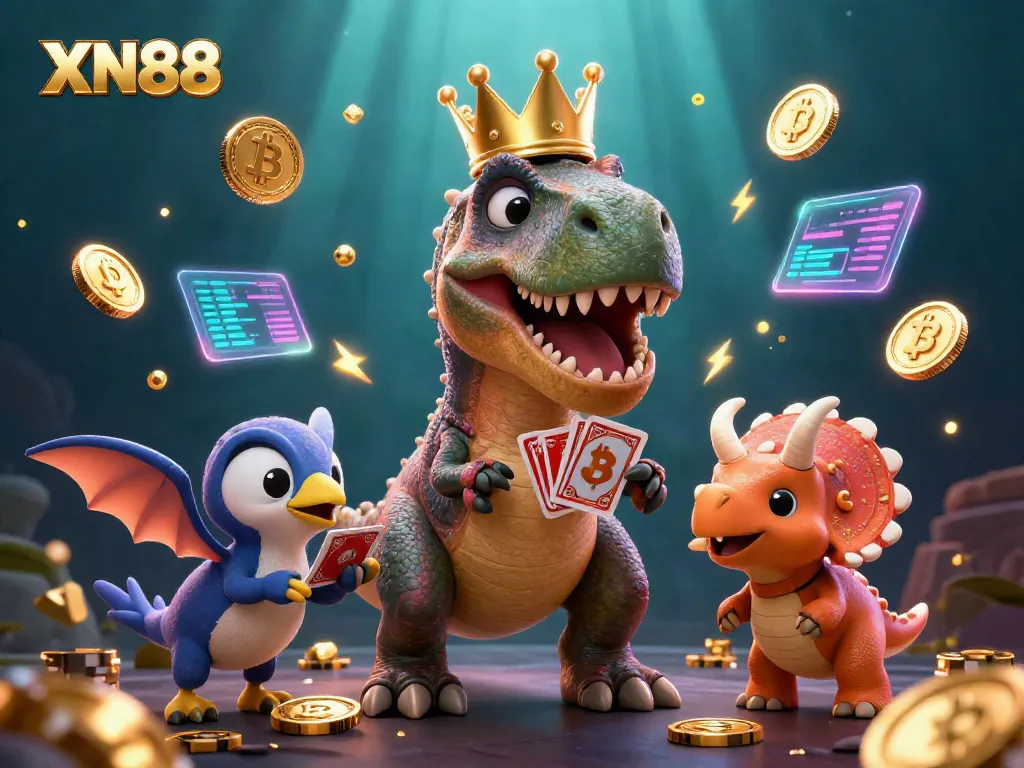 Experience exciting gameplay with XN88 featuring a playful T-Rex and friends in a vibrant casino setting.
