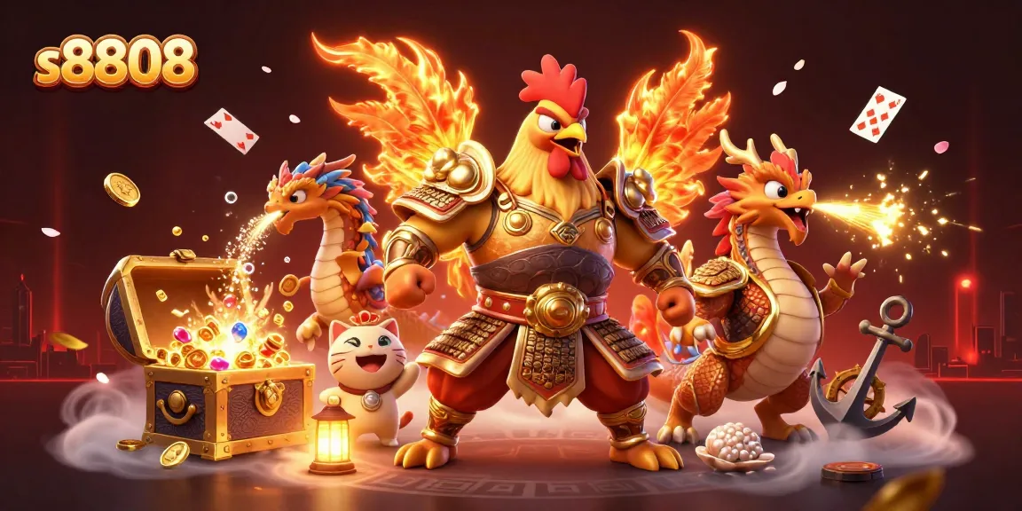 S8808 players celebrate big wins with a dynamic illustration of a fiery rooster warrior, casino riches, and mystical elements.