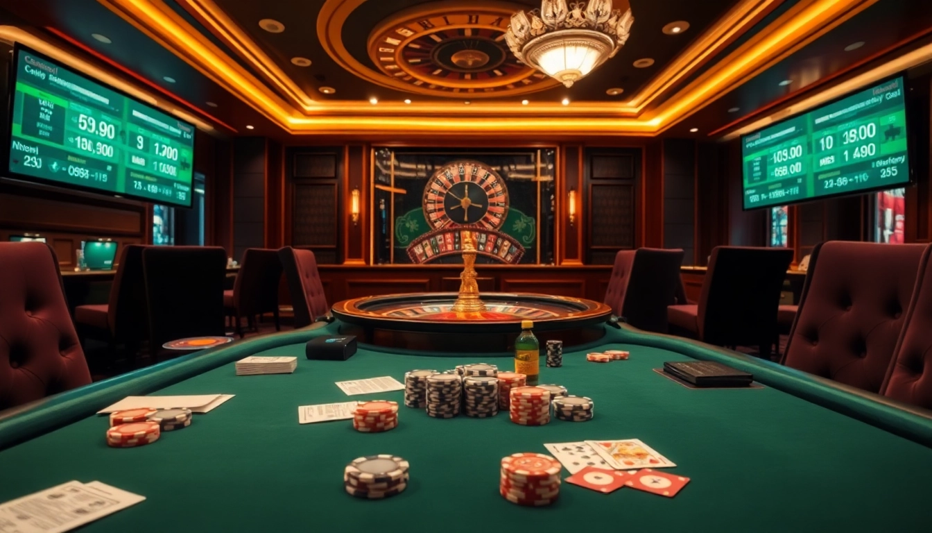 Engaging poker scene showcasing tỷ lệ nhà cái with vibrant chips and cards in a luxurious casino setting.