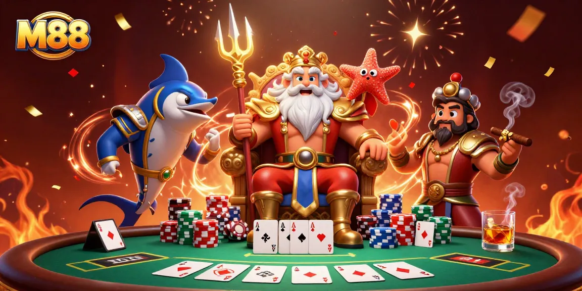 M88 welcomes players with a vibrant illustration showcasing a poker scene filled with energy and excitement.