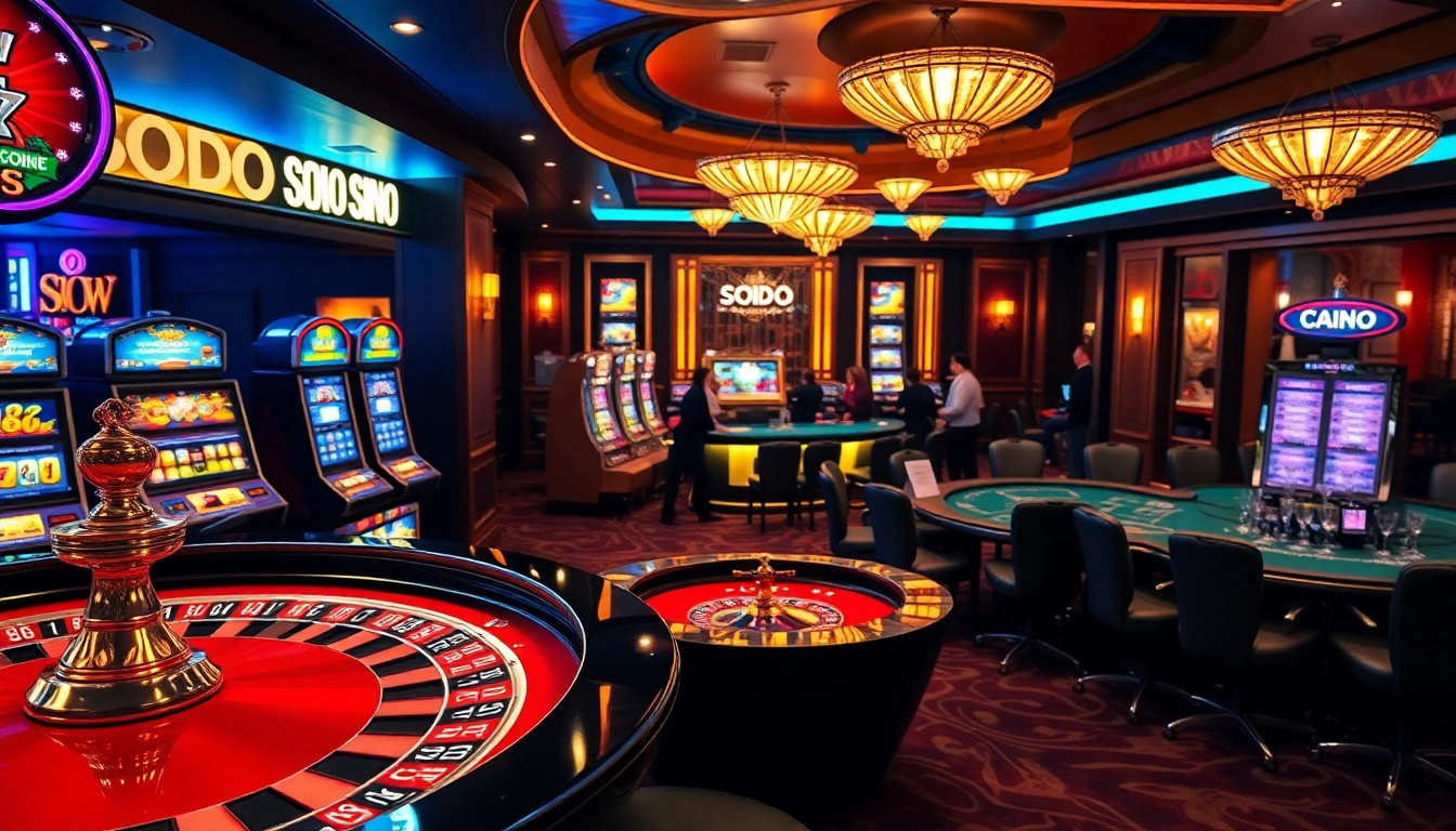Experience excitement at SODO CASINO with poker chips and roulette wheel in a luxurious setting.