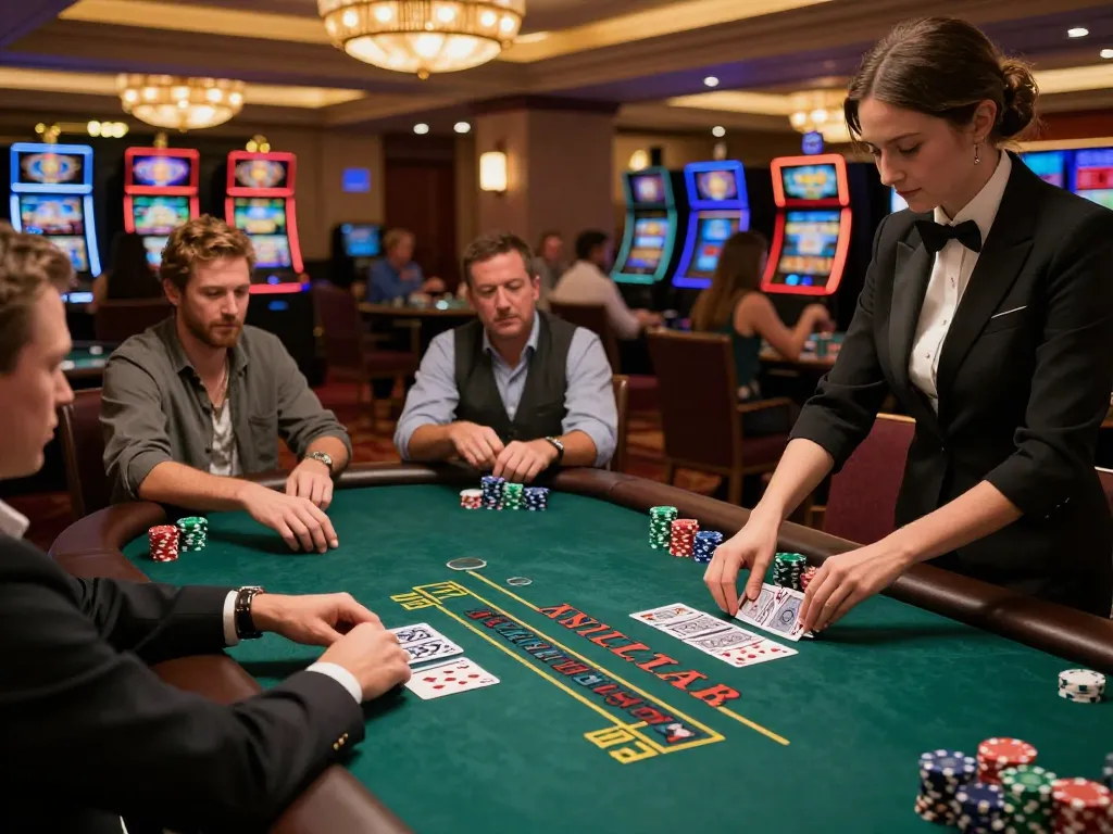 Players engaging in strategic blackjack gameplay at an upscale casino, showcasing VA88's gambling excitement