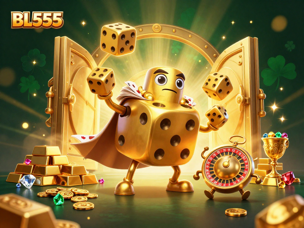 Experience excitement at BL555 with a golden dice golem and sparkling treasures in this vibrant casino scene.