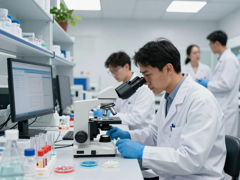 Innovative lab focused on MB66 research with scientists analyzing antiviral solutions.