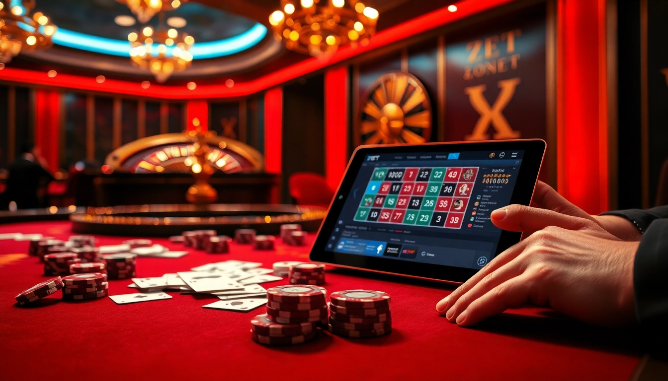 ZBET casino scene with vibrant poker table, roulette wheel, and online betting interface