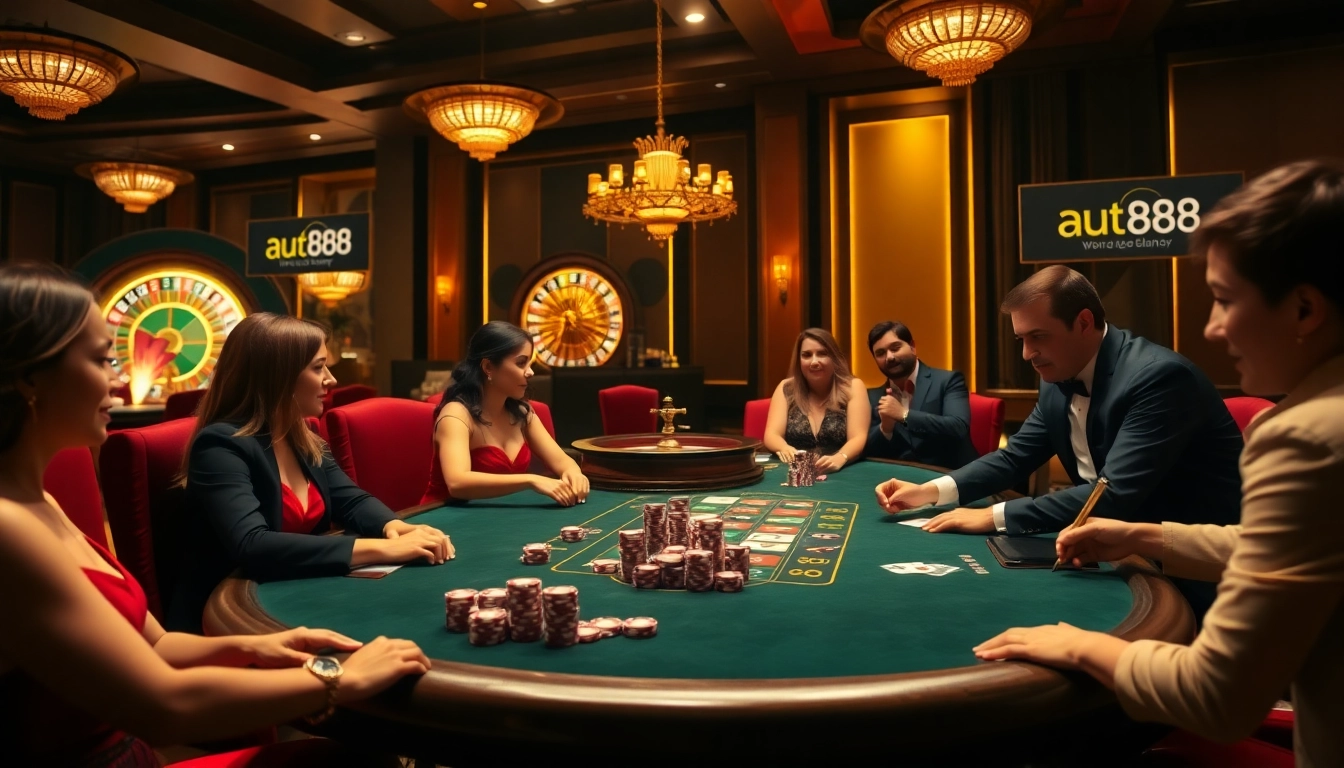 Players enjoying a thrilling poker game in a luxurious au88 casino atmosphere with elegant decor.