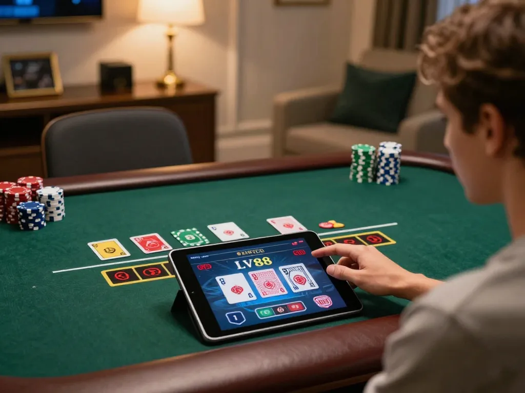 Engaged player enjoying LV88 online blackjack game in a stylish modern setting, showcasing gambling excitement.