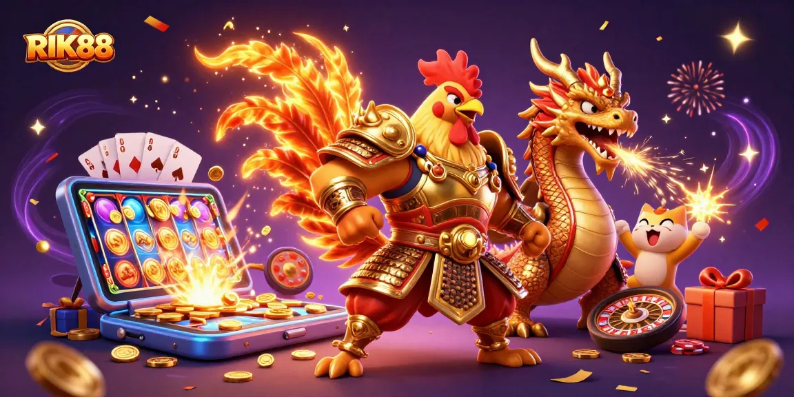 Engage with RIK88’s thrilling casino experience through vibrant gaming visuals and dynamic characters.