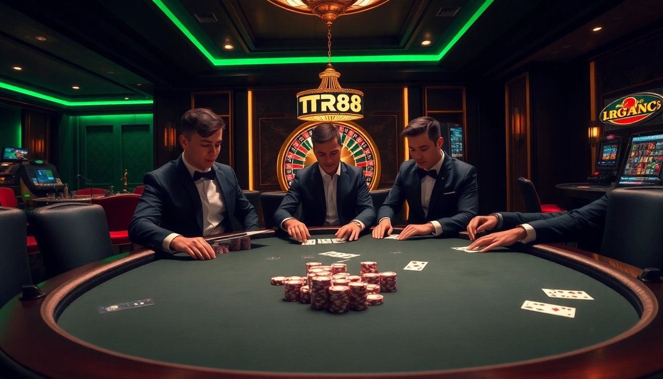 Engage in high-stakes gameplay at TR88's luxurious casino, showcasing poker action and excitement.