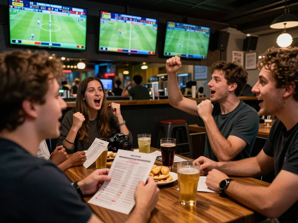 Kết quả bóng đá displayed on multiple screens, friends excitedly placing bets at a sports bar
