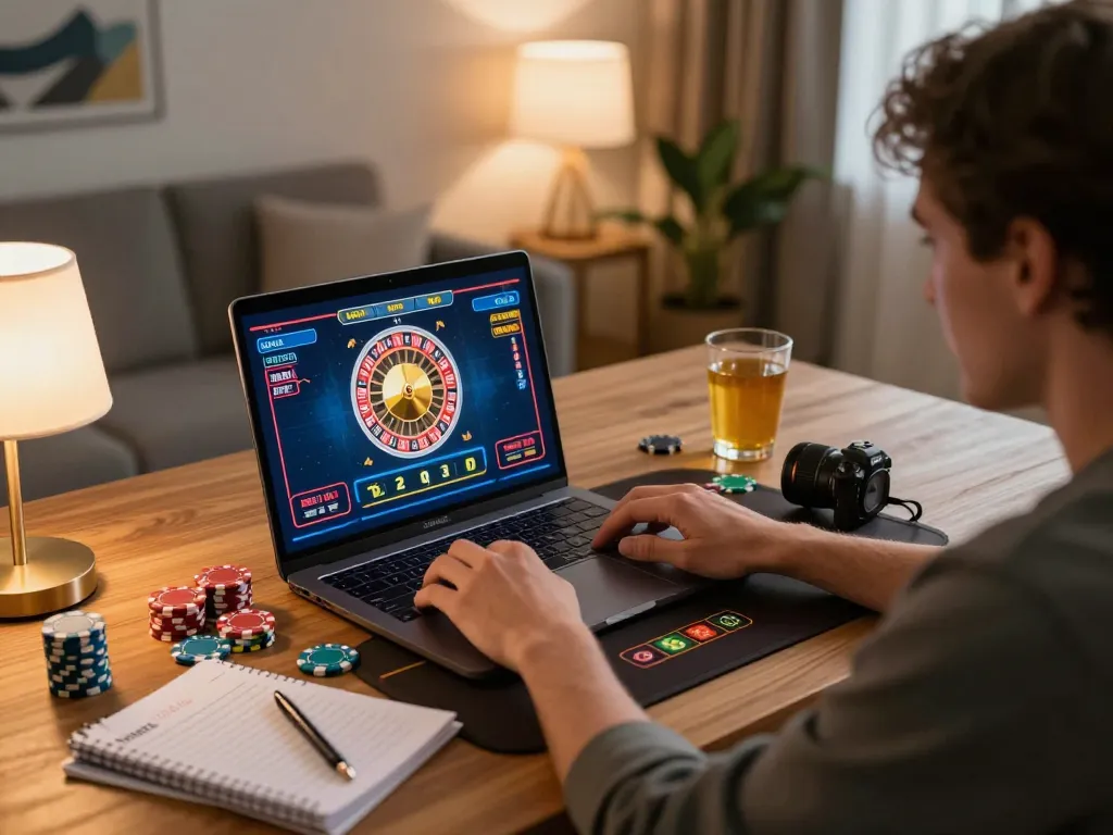 Engaging in online casino gameplay at home with LLWIN on laptop.