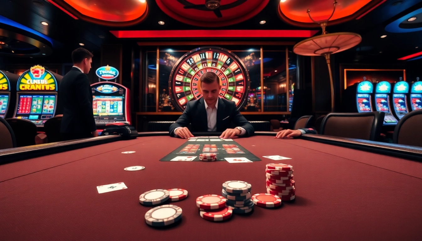 Experience the high stakes at PS99 casino with a vibrant poker table and exciting slot machines.