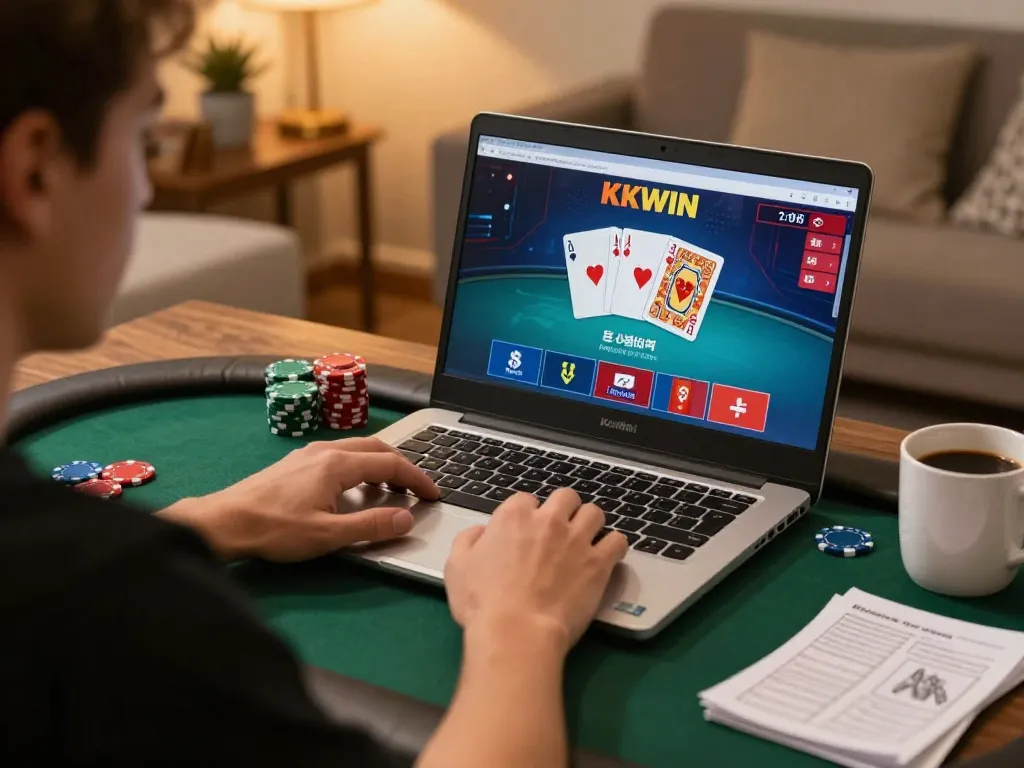 Player engaged in a KKWIN online poker game, showcasing strategic gambling from the comfort of home.