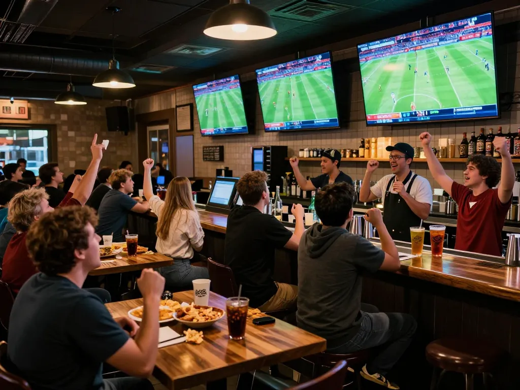 Xoilac xem trực tiếp football on vibrant screens in an energetic sports bar atmosphere