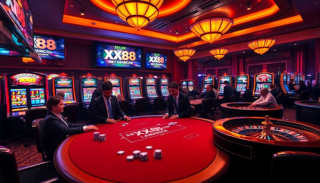 Experience thrilling gambling action at XX88 com with vibrant slot machines and engaging poker tables.