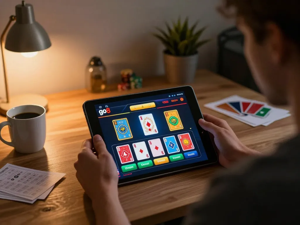 Player engaging with go8 online casino via tablet, highlighting dynamic betting options in a cozy home environment.