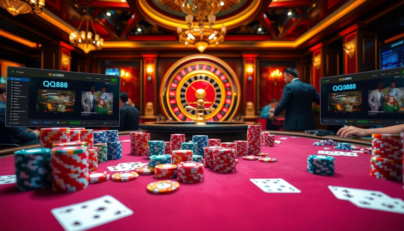 Players enjoying a thrilling poker game at QQ88 with colorful chips and cards on the table.