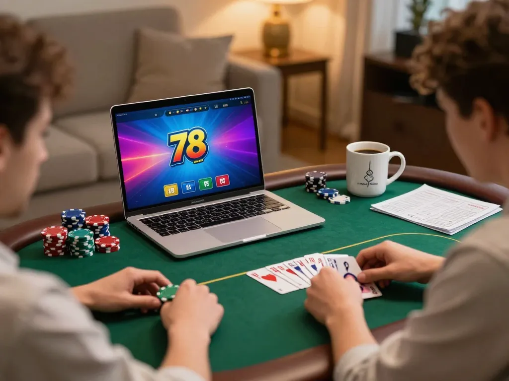 Players immersed in an online poker game on 78winvina, showcasing vibrant gameplay and strategic focus in a cozy environment.