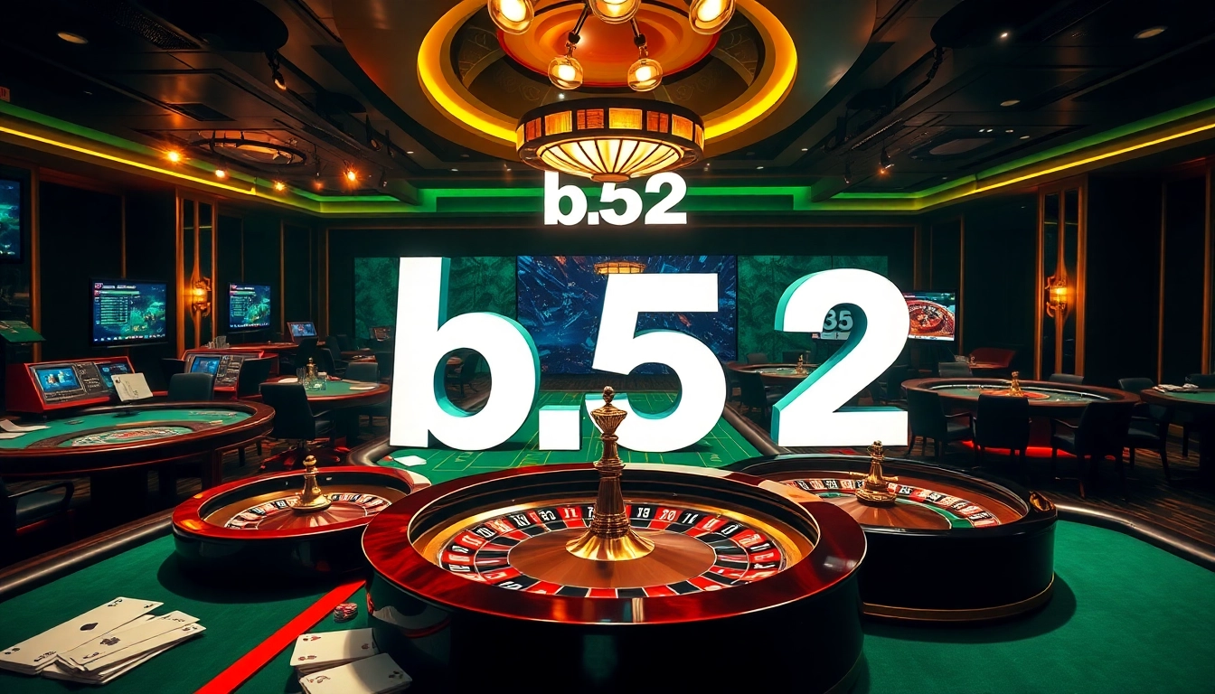 Experience thrilling action at B52 casino with vibrant poker tables and roulette wheels.