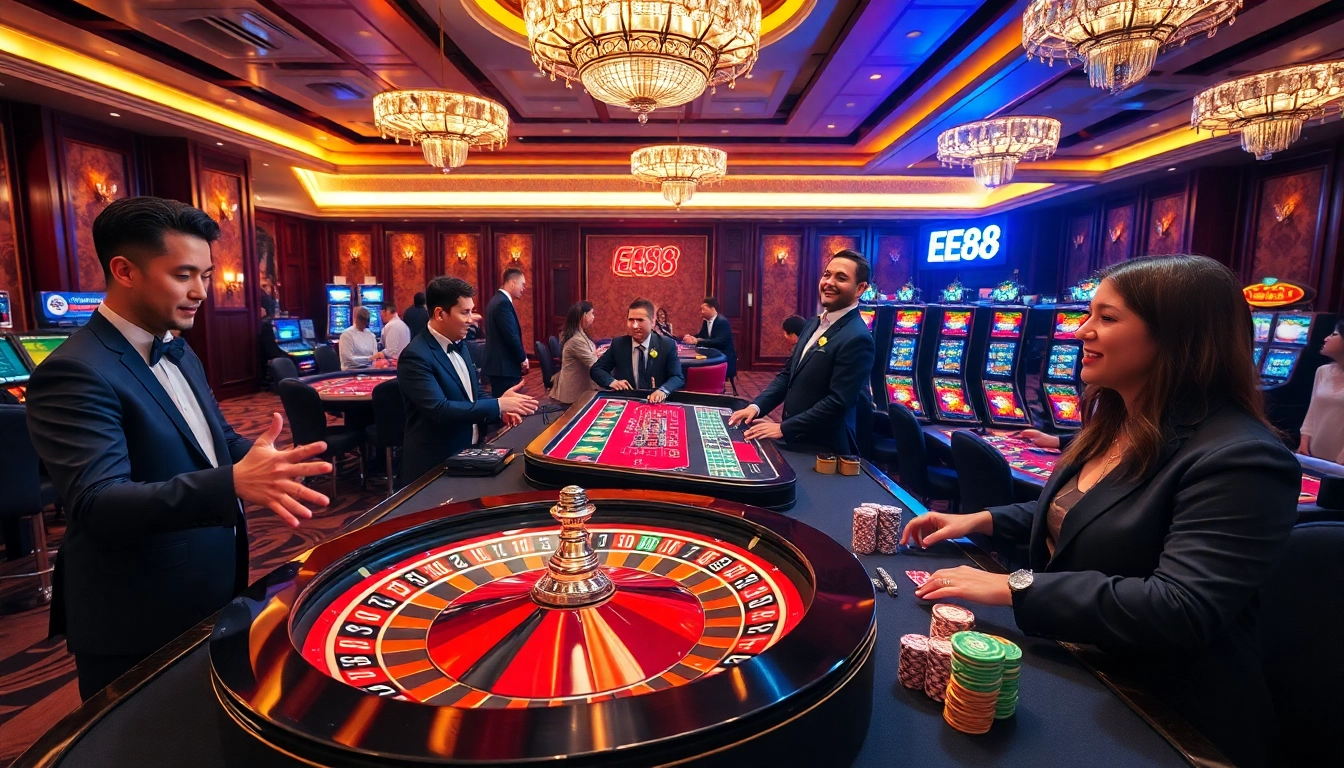 Players enjoying high-stakes fun at EE88 casino with roulette and vibrant slot machines.