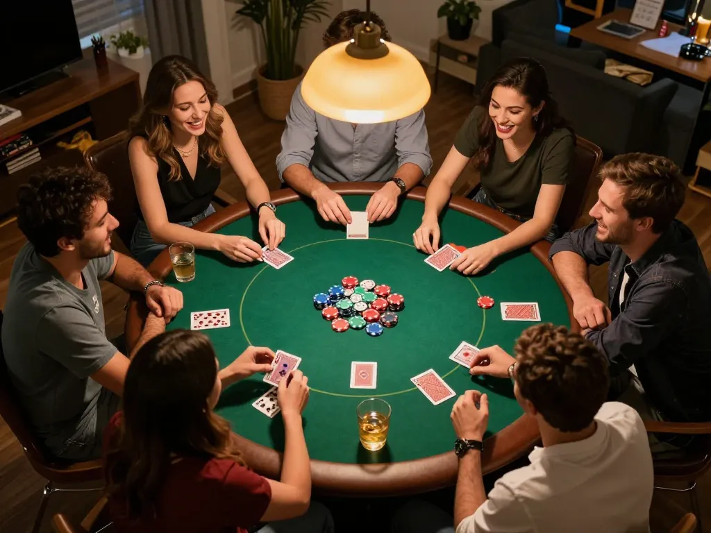 Friends enjoying a lively home poker night with cards and chips, showcasing fa88 gaming strategies.