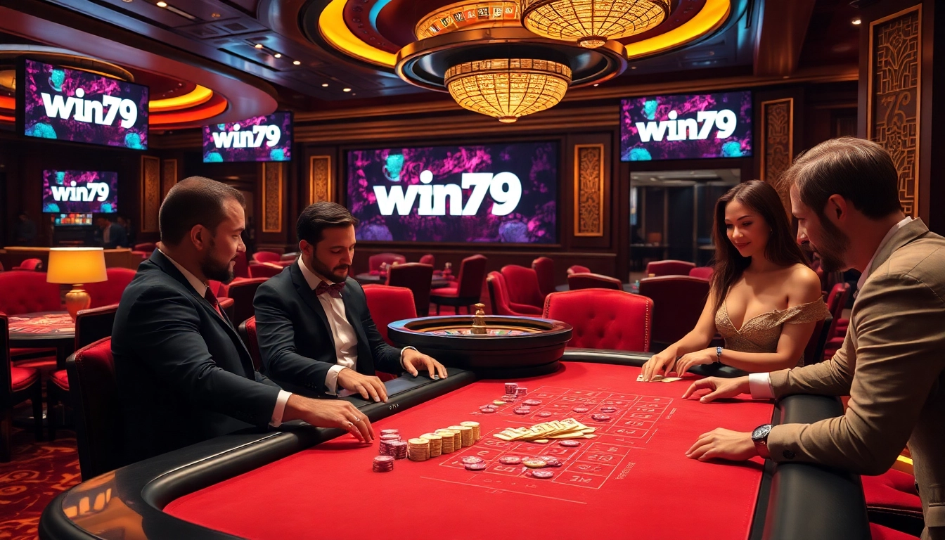 Engaging players at a luxurious poker table in a win79-themed casino.
