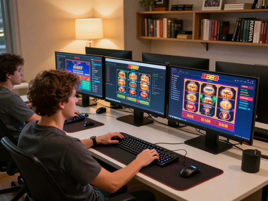 Engaged player using HB88 online casino platform on multiple screens in a cozy setup.