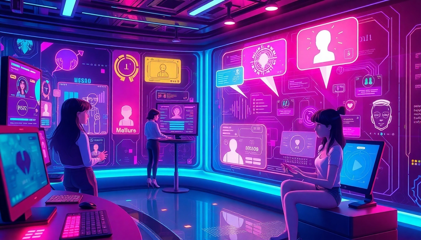 Imagining the future of nsfw ai in a vibrant digital landscape with interactive tech elements.