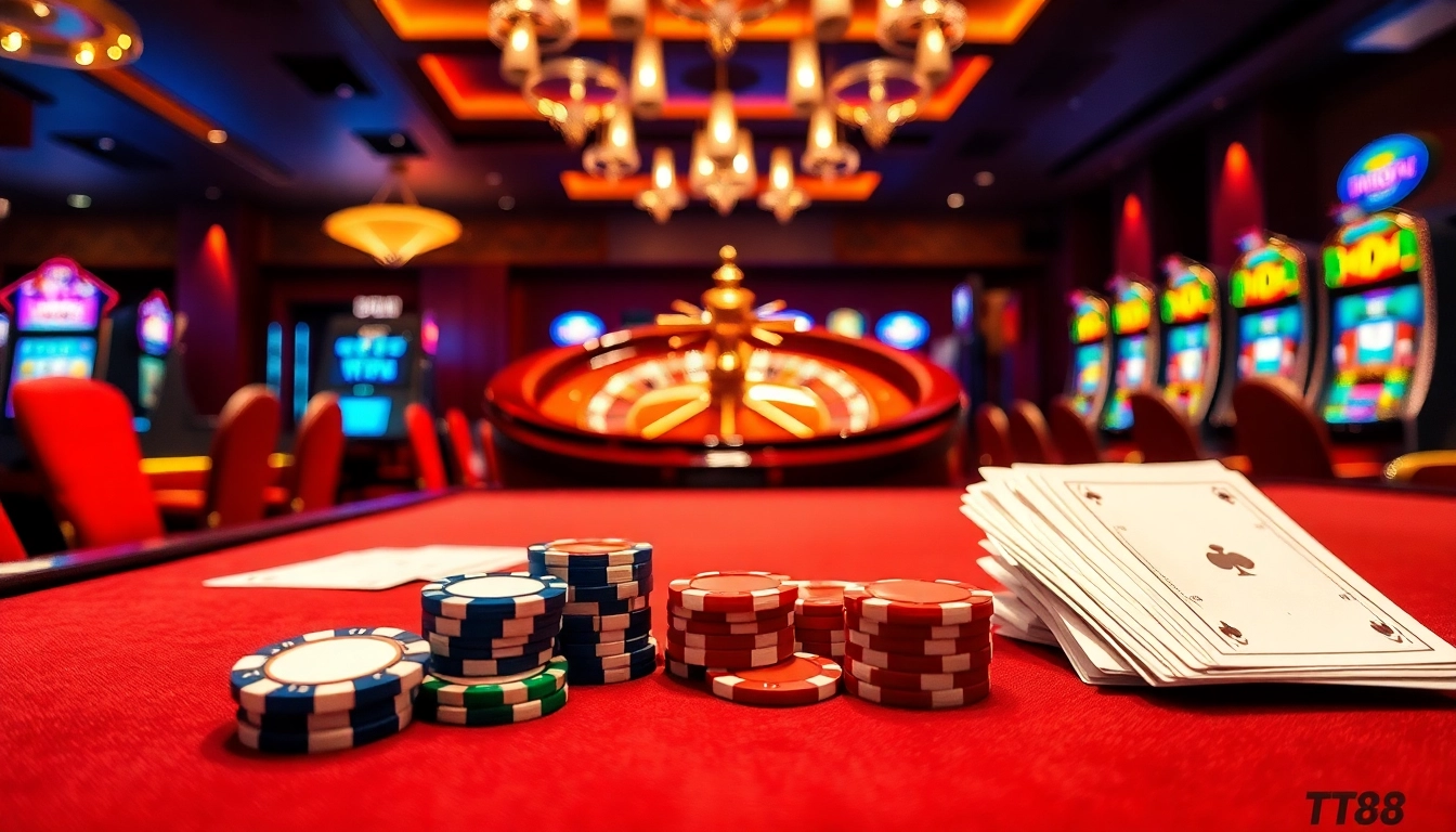 Engaging scene at https://tt88.to/ displaying a vibrant casino table adorned with cards, chips, and a roulette wheel.