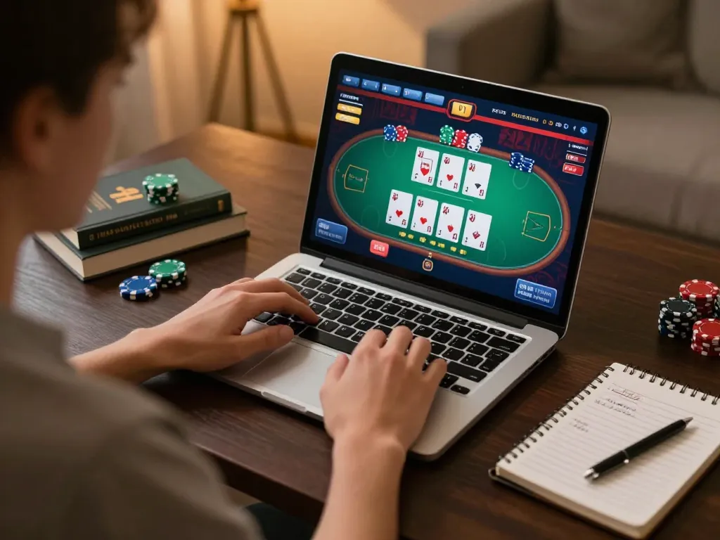 Player engaging in live poker on BL555, showcasing strategic play at home with a laptop and betting notes.