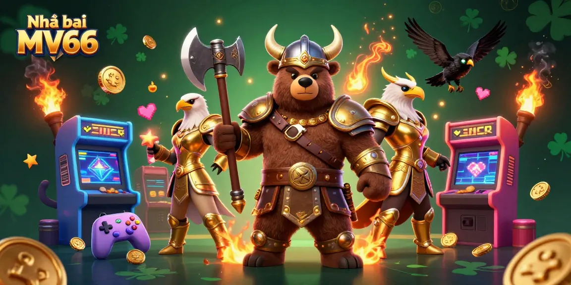 Engage with Nhà cái MV66 in an immersive 3D gaming scene featuring a Viking bear and Valkyrie eagle.