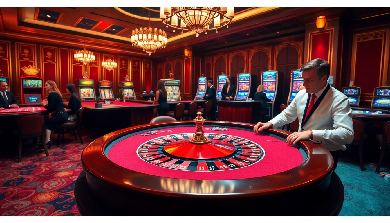 KJC poker scene showcasing a glamorous casino atmosphere with vibrant roulette and elegant players.