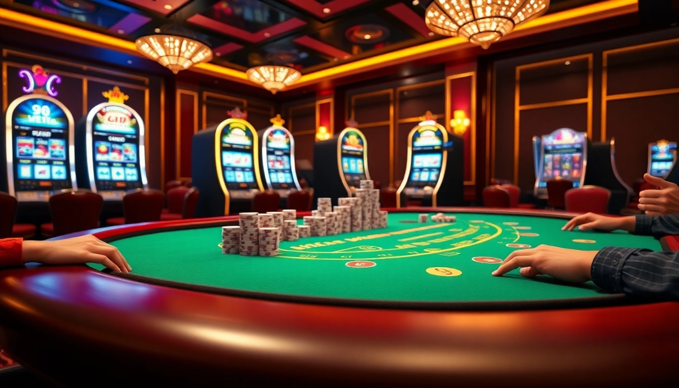 Casino scene showcasing action at https://hello88app.com/ with players engaged in blackjack and vibrant slot machines.