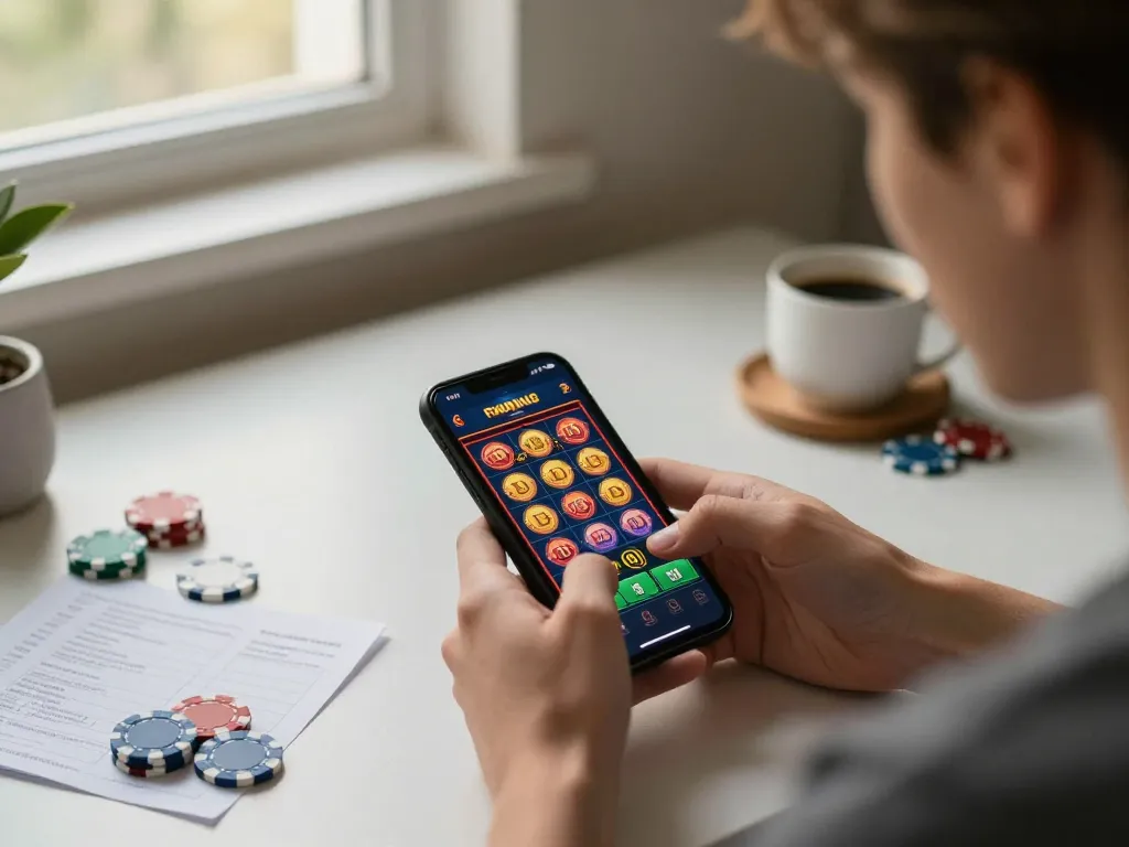 Play strategic slot games on LLWIN mobile app during a cozy home gaming session.
