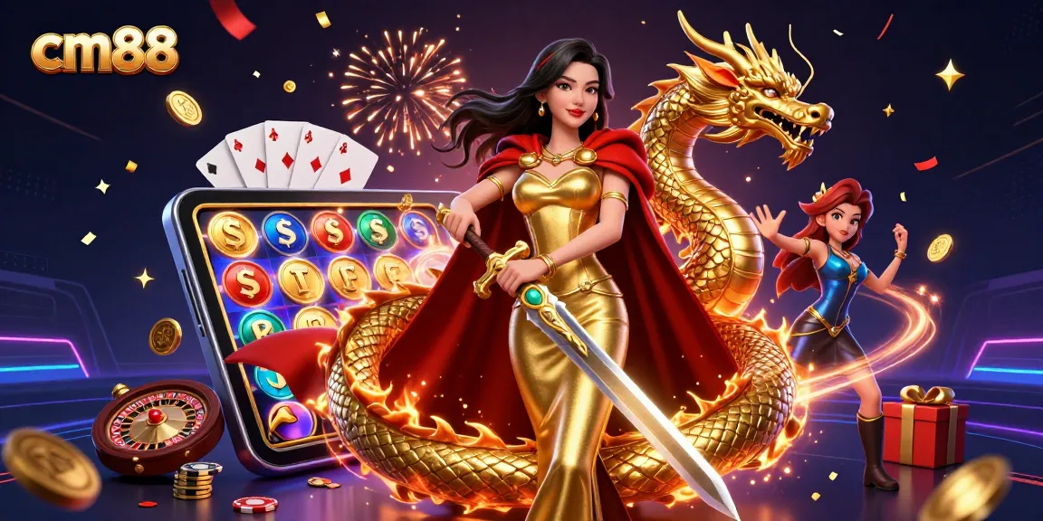 Engage with cm88 online gaming excitement, showcasing vibrant slots and dynamic casino elements.