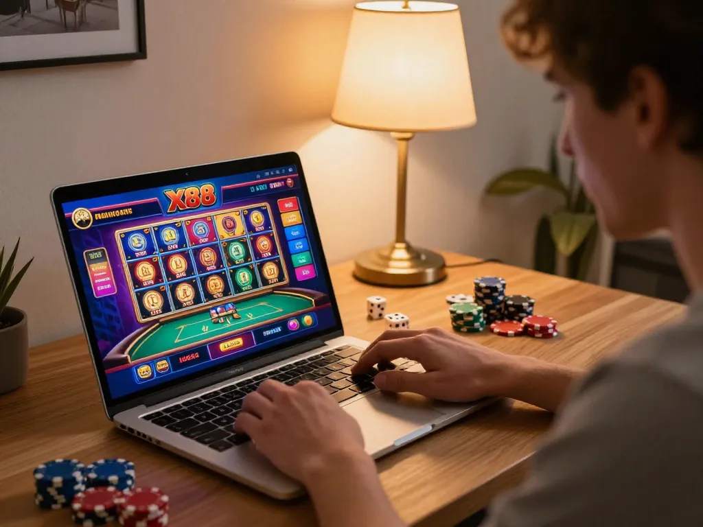 X88 players engaging in online slots and table games in a stylish home office.