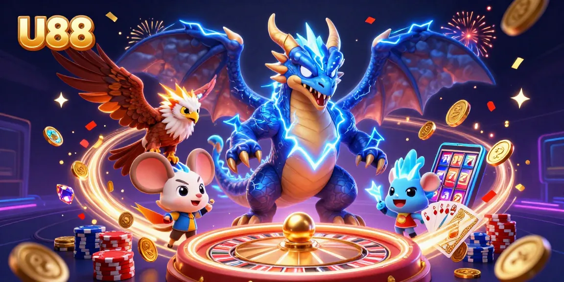 Engage with U88's thrilling experience featuring a thunder dragon, glowing hawk, and dynamic casino elements.