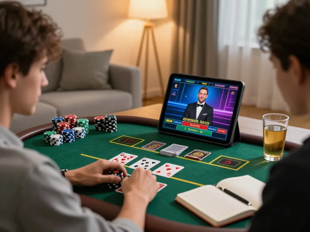 Player enjoying live dealer games on TG88 tablet in a cozy home setting, tracking strategies.