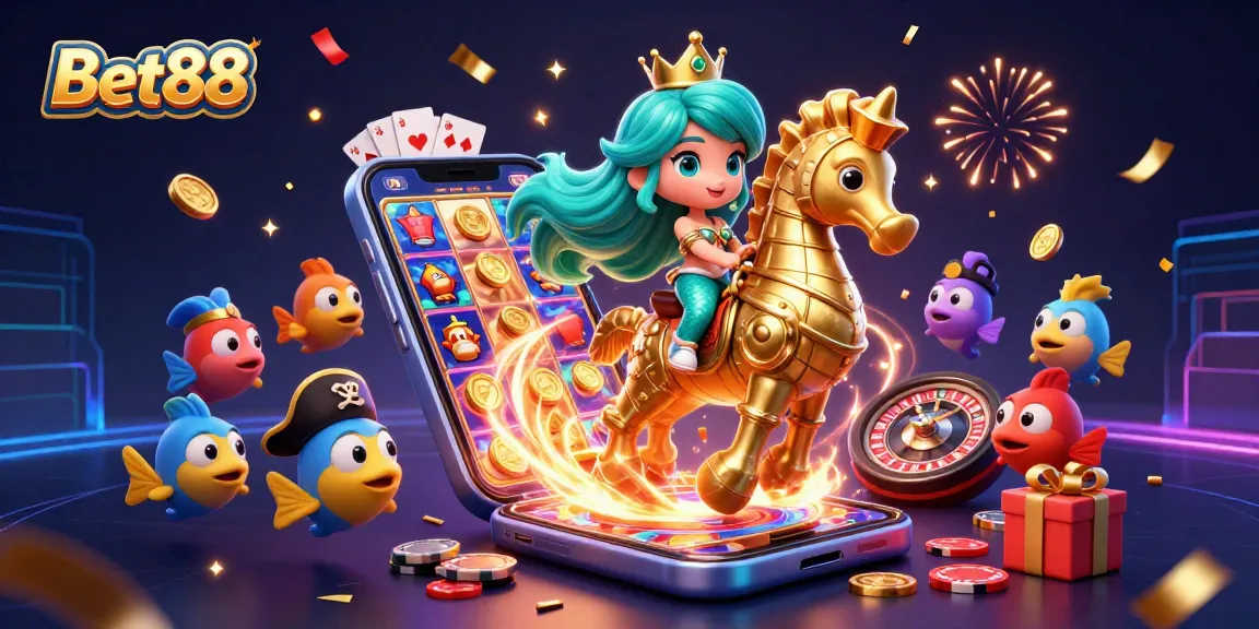 Experience the excitement at Bet88 with a vibrant 3D mermaid princess winning at slots and surrounded by treasure and fun.