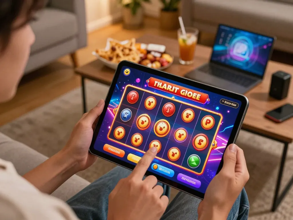 Terlibat dalam slot gacor hari ini di tablet, grafik berwarna menampilkan kombinasi kemenangan di suasana rumah yang nyaman.
