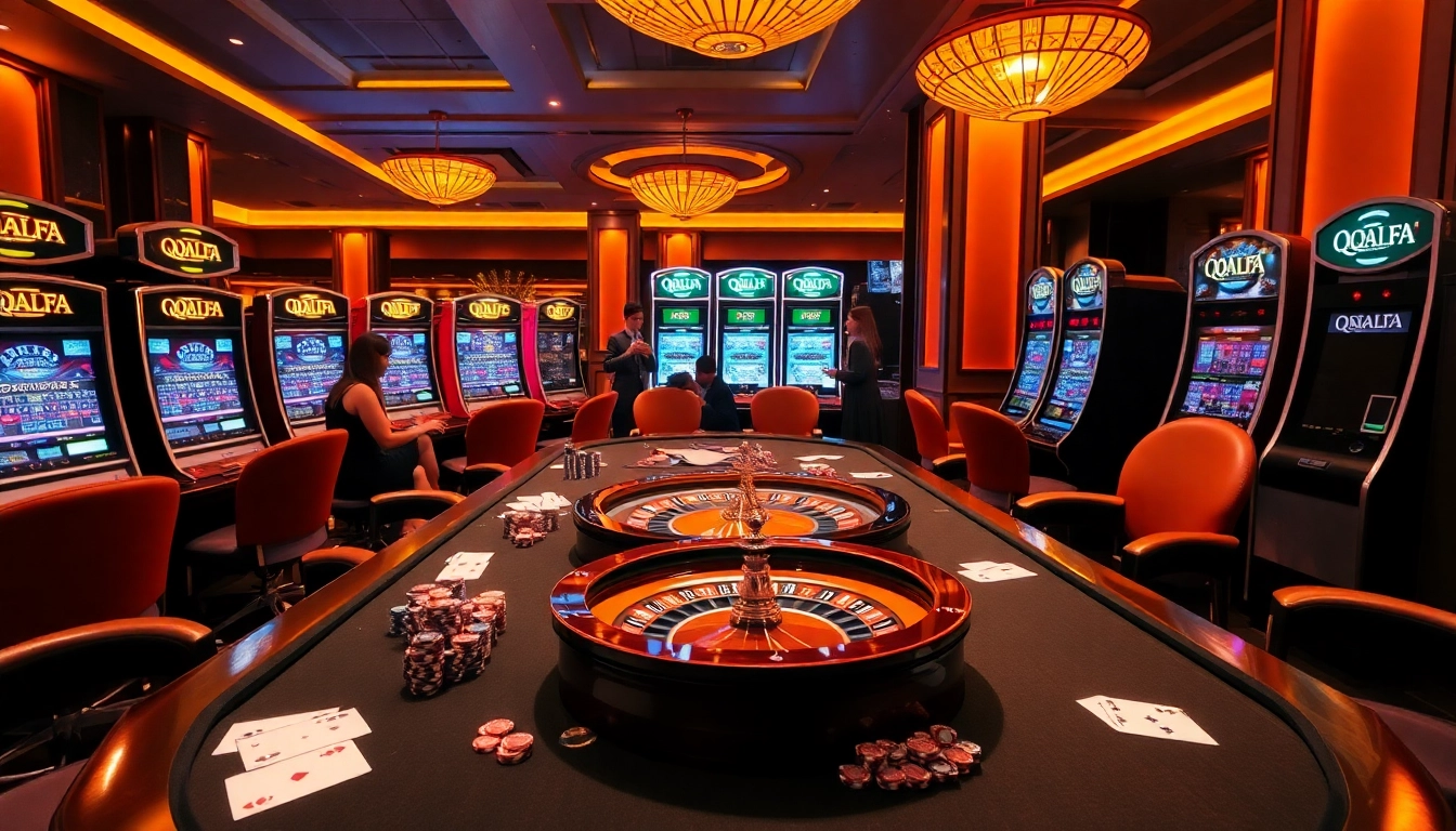 Players enjoying an exciting game at QQALFA's luxurious casino table with vibrant poker chips and cards.