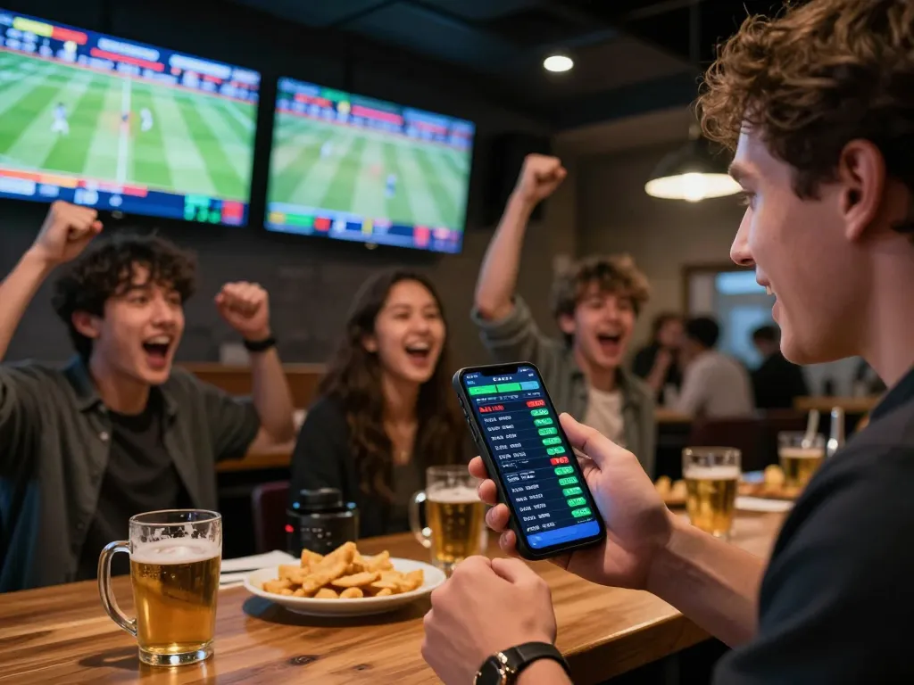 Place your bets on https://9bet.works/ while friends celebrate and strategize in a lively sports betting venue.