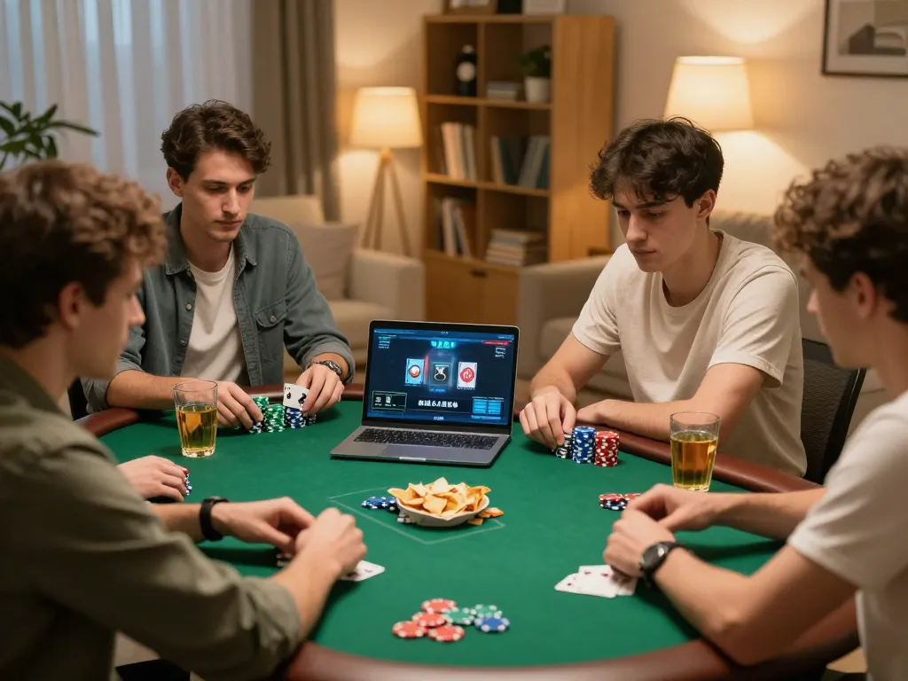 Players strategizing in an online poker game at home with lc88, showcasing a comfortable gaming setup.